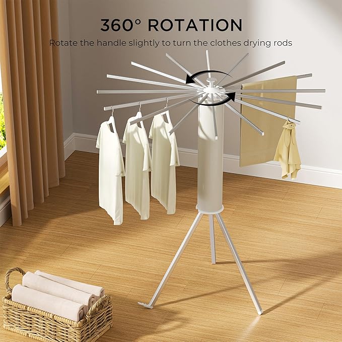 Tripod Clothes Drying Rack, Garment Rack Portable and Foldable Space Saving Laundry Drying Rack - Dryer Rack Clothing Floor Folding Balcony Bedroom Household (Silver(Aluminum), 16 rods)