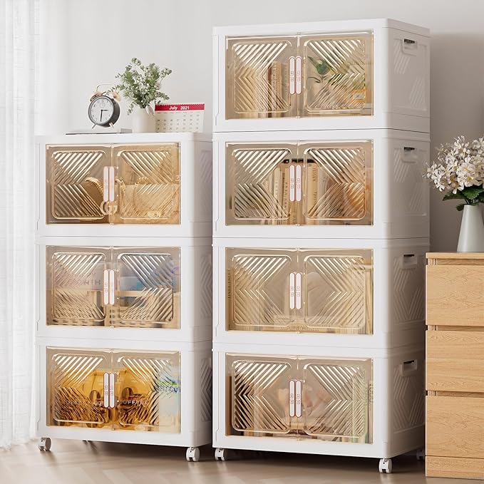 Storage Bins with Lid 76QT, Stackable Storage Containers with Wheels and Magnetic Doors, Plastic Clothes Closet Organizers and Storage Box for Pantry, Home and Office (3 Pack)