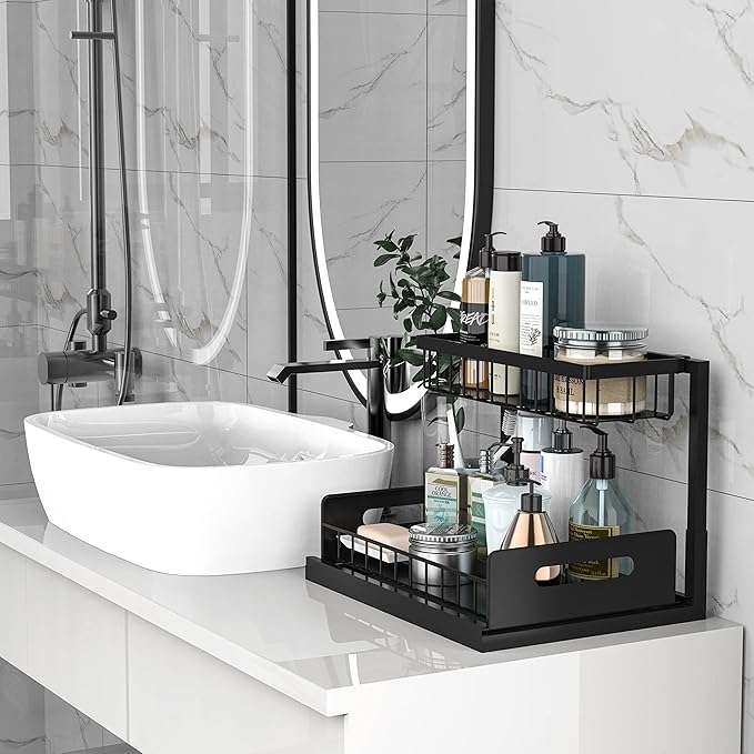 bukfen Under Sink Organizer, Pull Out Cabinet Organizer 2-Tier Slide Out Sliding Shelf Under Cabinet Storage Multi-Use for Under Kitchen Bathroom Sink Organizers and Storage