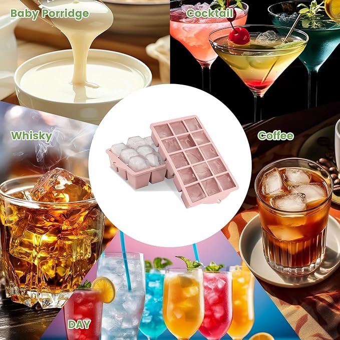 Silicone Ice Cube Tray, 2 Pack Easy-Release Stackable Ice Trays for Freezer with Lid 15 Reusable Cubes, Food Grade BPA Free Ice Molds for Whiskey, Baby Food, Coffee, Cocktail, Drinks (Pink)