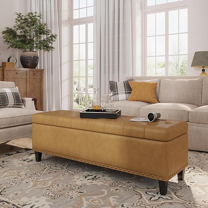 Storage Ottoman Bench, 51-Inch Large Storage Bench for Bedroom End of Bed, 30 Gallons Faux Leather Ottoman for Bedroom, Living Room, Entryway, Hallway, Camel