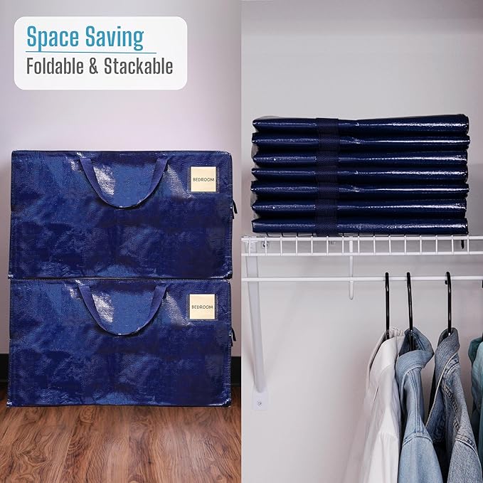 VENO 8 Pack Moving and Storage Bags, Heavy Duty, Alternative to Moving Boxes, Large Packing Totes Supplies for College Dorm Room with Zipper for Clothes, Wide Open Design (Blue, 8 Pack)