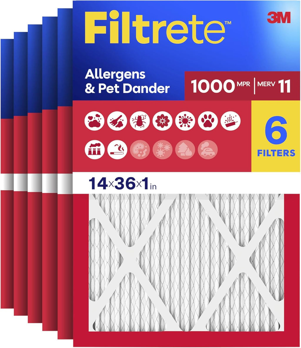 Filtrete 14x36x1 AC Furnace Air Filter, MERV 11, MPR 1000, Micro Allergen Defense, 3-Month Pleated 1-Inch Electrostatic Air Cleaning Filter, 6 Pack (Actual Size 13.88x35.9x0.81 in)