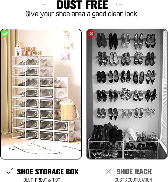 Kuject 15 Pack Shoe Storage Boxes, Large Clear Plastic Stackable Shoe Organizer for Closet, Connect Left and Right Shoe Boxes Case Container Bin for Entryway, Drop Front, Fit for Size 10(White)