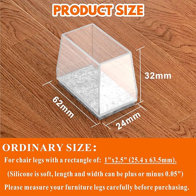 Rectangle Chair Leg Protectors for Hardwood Floors,16 PCS Silicone Covers to Protect Wood Tile Floors Felt Pads Furniture Leg Caps Reduce Noise. Easy to Move.(Clear,1 x 2.5 Inch,Rectangular)