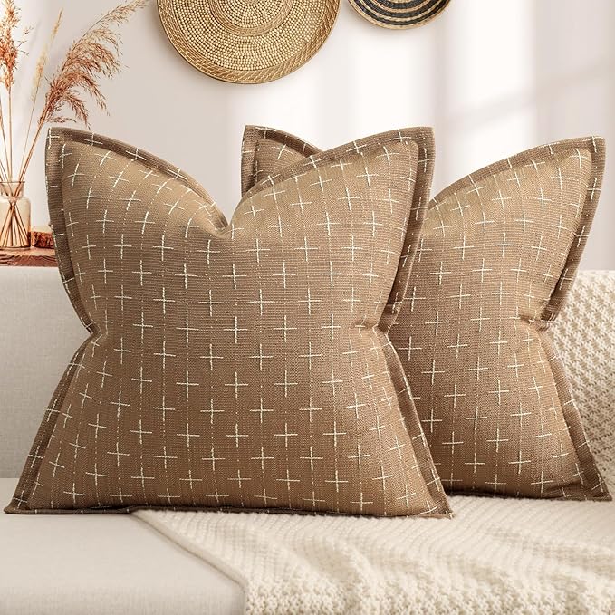 ZWJD Throw Pillow Pillow Covers 20x20 Set of 2 Soft Polyester Textured Pillow Covers with Stylish Flange Edge Cozy Farmhouse Throw Pillows for Couch Bed Sofa Living Room