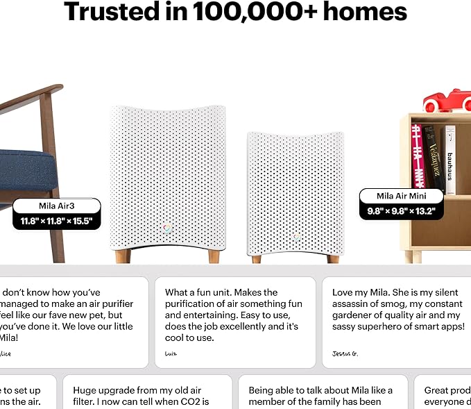 Mila Air 3 Smart Home Air Purifier with Big Sneeze H13 HEPA Replacement Filter for Allergies, Removes Dust, Pollen, Dander, Ideal for Large Room or Bedroom, Quiet-Mode