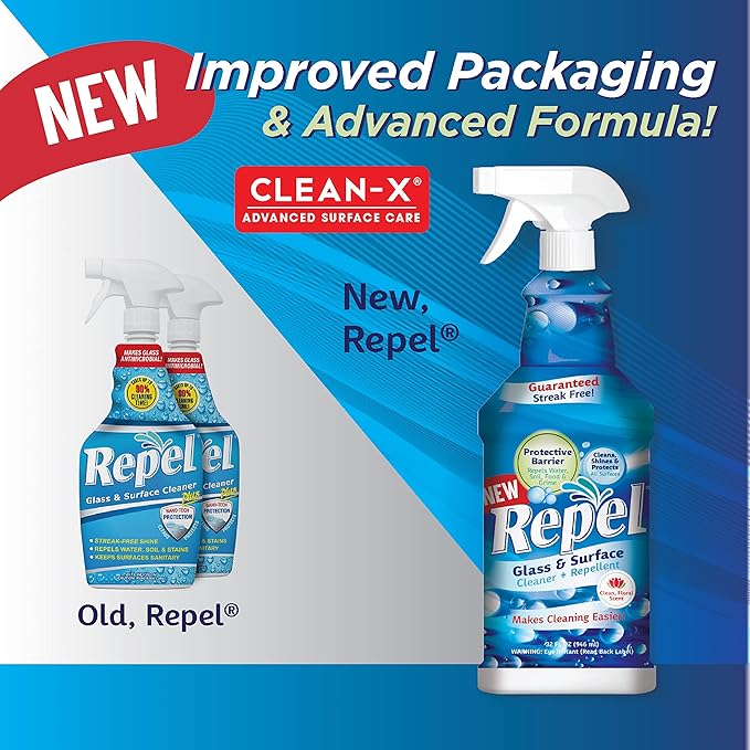 Clean-X REPEL Glass & Surface Cleaner 32 fl. oz. - Cleans & Repels water spots and dirt on glass, mirror, tile and multi surface by UNELKO (3)