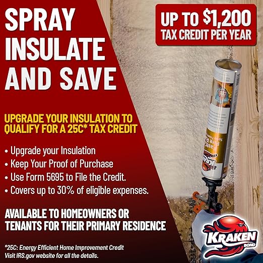 Kraken Bond Fastcoat Fire Rated Spray Foam Insulation Kit Closed Cell in a Can 120 sq ft (6x27.1 oz.) (R-Value 11.32 / 2in) - Spray Foam for Garage Door, Attic, Wall Gun & Cleaner Not Included, 6 Pack
