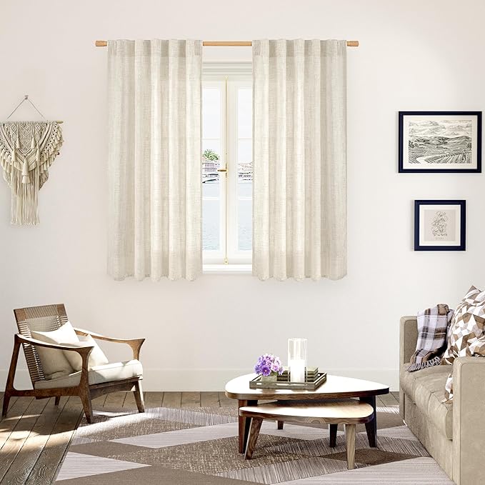 YoungsTex Linen Curtains 54 Inch Length for Kitchen, Light Filtering Semi Sheer Small Window Drapes Rod Pocket Back Tab for Living Room Cafe Farmhouse, Linen, 2 Panels, 42 X 54 Inch