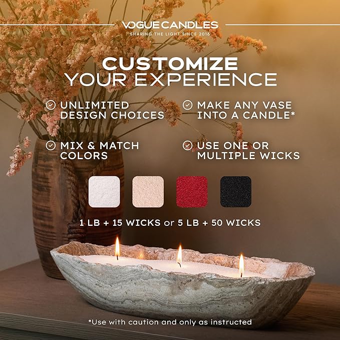 Vogue Candles 5LB Candle Sand with 50 Wicks | Bulk Refillable Plant-Based Granules for Custom Candle Making | Unscented, Clean Burn, Smoke-Free, Vegan Candle Refill Kit- White