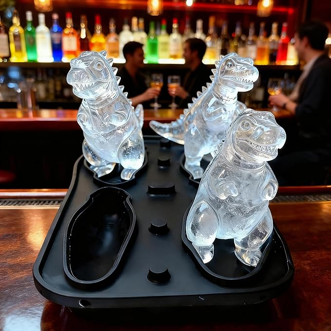 7.48inch Newly Upgraded 4-grid 3D Dinosaur Ice Tray and Covered Silicone Ice Tray, Suitable for Bars, Outdoor and Home Use (1, 2 colors randomly)