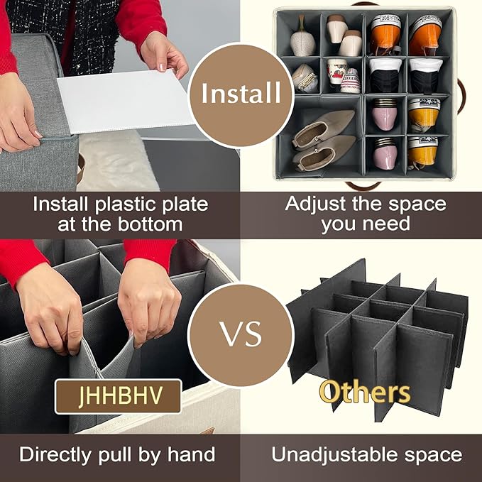 2 Pack Shoe Organizer for Closet, Adjustable Shoe Box Storage Containers, Large Foldable Shoe Bins with Clear Cover, Space Saving Shoes Holder with 4 Handles, Fits 16-32 Pairs, Beige