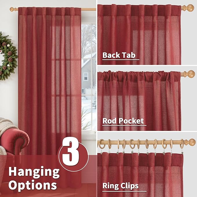 YoungsTex Red Linen Curtains 40 Inch Long for Kitchen, Small Semi Sheer Drapes with Rod Pocket Back Tab Light Filtering Christmas Decor for Bathroom Cafe Short Window, 2 Panels, 42 X 40 Inch