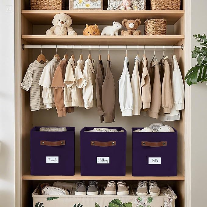 DECOMOMO Storage Bins, Cube Storage Bin with Labels, Fabric Storage Cubes for Shelves (10.5" x 11" / 6pcs, Deep Purple)