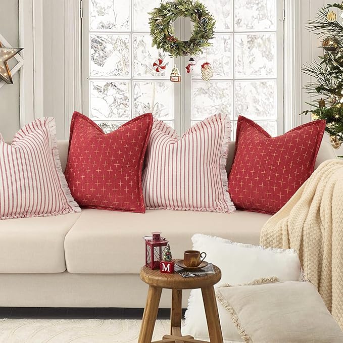 ZWJD Christmas Pillow Covers 22x22 Set of 2 Soft Polyester Textured Pillows with Stylish Flange Edge Cozy Farmhouse Christmas Decor for Couch Bed Sofa Living Room (Red)