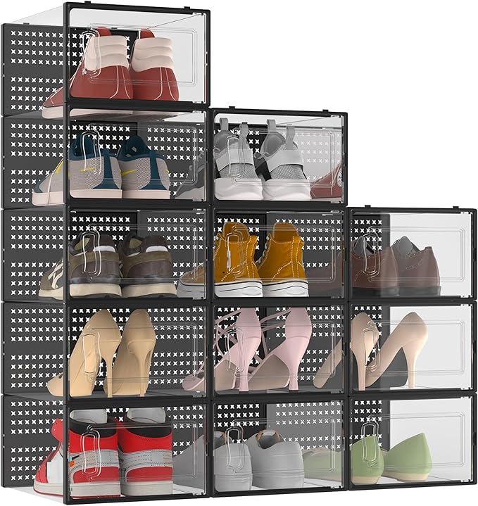 12 Pack XX-Large Modular Clear Plastic Stackable Shoe Storage Organizer for Closet, Space Saving Versatile Sneaker Shoe Rack Containers Bins Holders, Portable Closet Organizers and Storage, Black