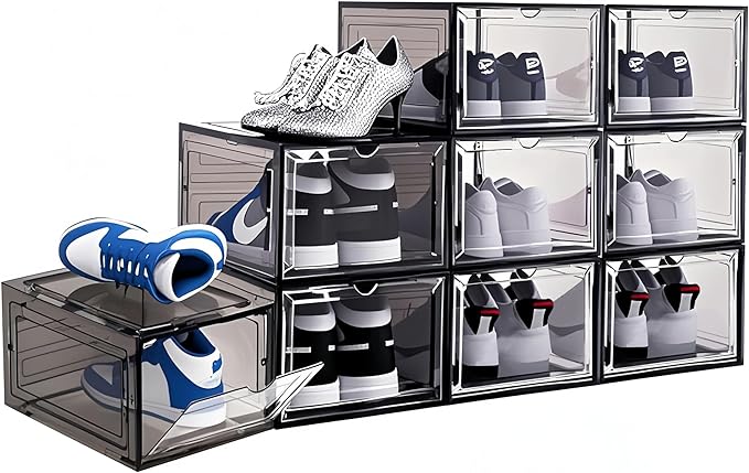 9 Pack Thicken Shoe Organizer Stackable Upgraded Sturdy Transparent Shoe Storage Box with Magnetic Door Sneaker Hats Display Case Fit Up to US Size 13, Black