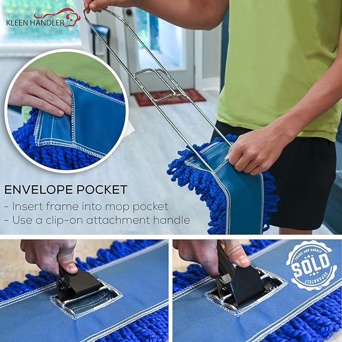 KLEEN HANDLER 3 Pack of 36 Inch Microfiber Dust Mop, Large Washable Commercial Mop Head Replacement, Sweeper, Janitorial Supplies, Blue