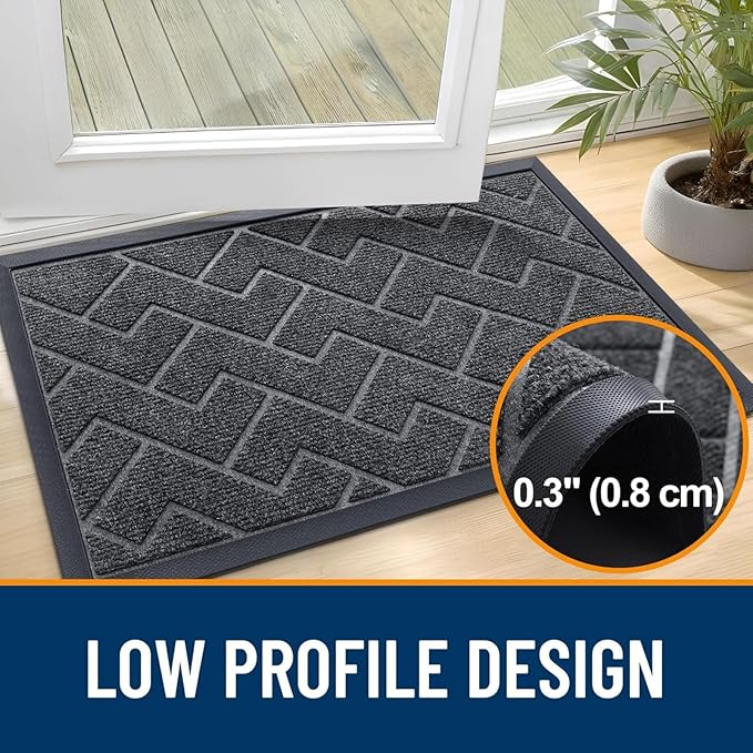 OLANLY Front Door Mat Indoor Outdoor Entrance, Waterproof All-Season, All-Weather Doormat, Sturdy Natural Rubber, Low Profile, Easy Clean Patio Porch Entryway Mat, Herringbone Brick (Grey, 47x23)