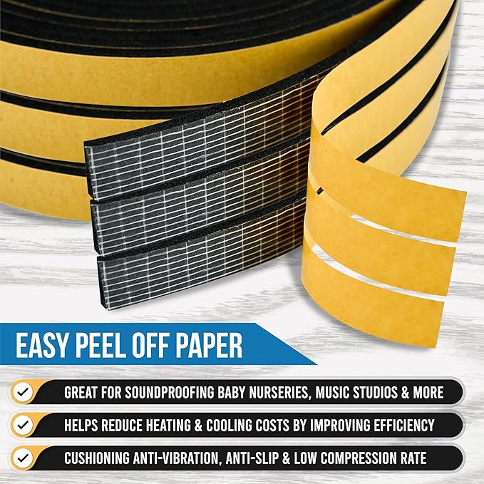 High Density Foam Weather Stripping Door Seal Strip Insulation Tape Roll for Insulating Door Frame, Window, Air Conditioner | Self Adhesive Sealing Weatherstrip (Black, 1 in x 1/4 in x 30 Ft)