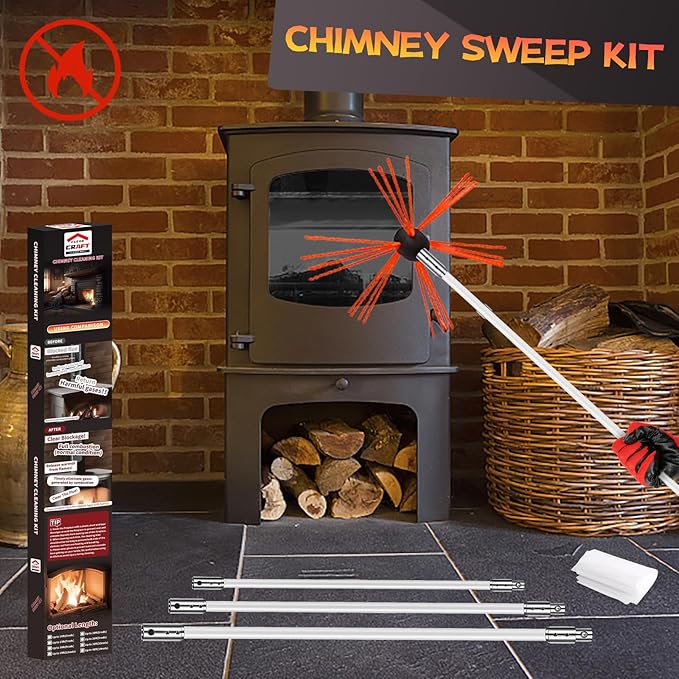 30 Feet Chimney Sweep Kit, Chimney Cleaning Kit with 9 Flexible White Chimney Rods, Chimney Brush for Sweeping Fireplace, Rotary Chimney Cleaning System Driven by Drill