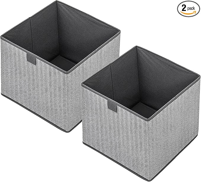 Storage Baskets, 11.8-Inch Woven Fabric Bins, Storage Cubes with Reinforced Handles, Organizer Bins for Closet Shelves, Foldable, for Toys, Clothes, Natural Beige (2PCS/Grey-11.8*11.8*11.8inch)
