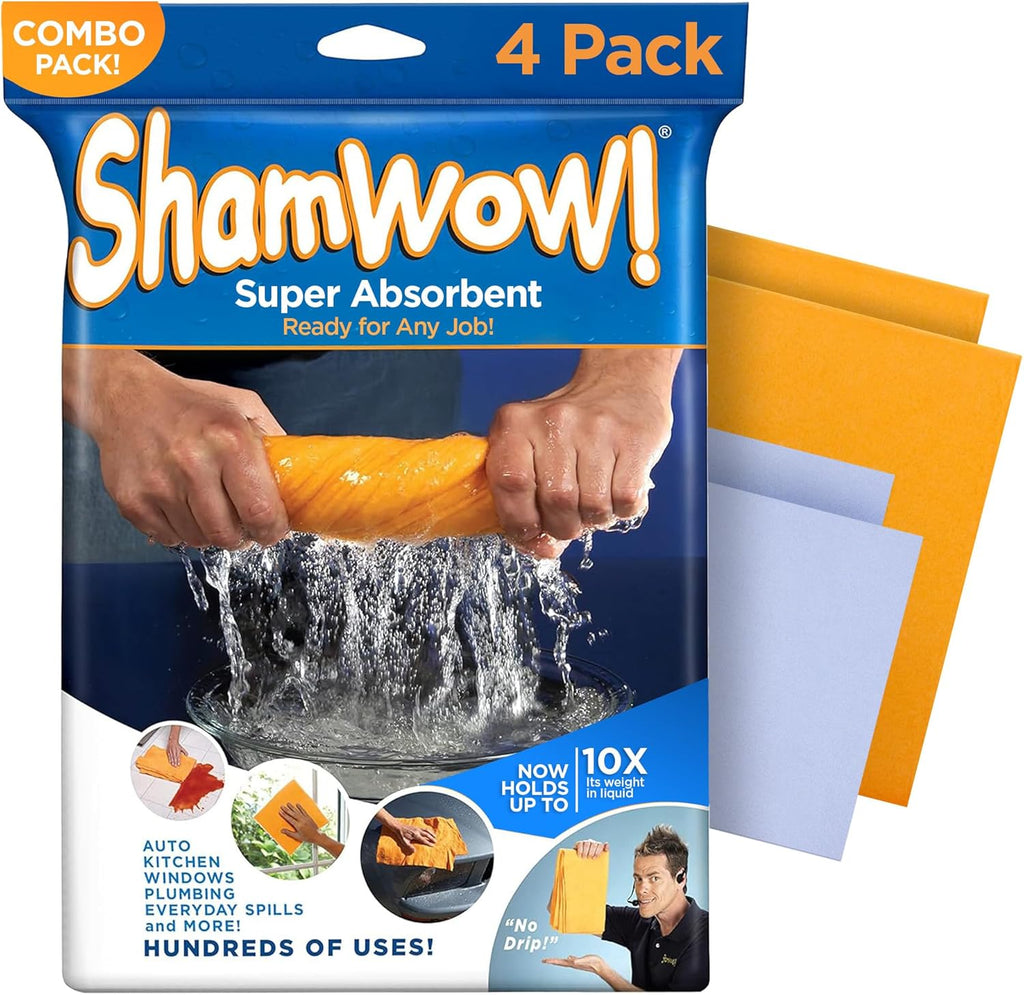 Original Super Absorbent Multi-Purpose Cleaning Shammy Chamois Towel Cloth - Holds 10X its Weight in Liquid - Machine Washable - Will Not Scratch (4 Pack: 2 Large Orange & 2 Small Blue).