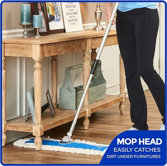 Nine Forty 48" Premium Cotton Dust Mop Kit - Heavy Duty Mop Head with Handle for Industrial, Commercial, and Residential Cleaning - Dry Floor Duster for Hardwood Surfaces - White