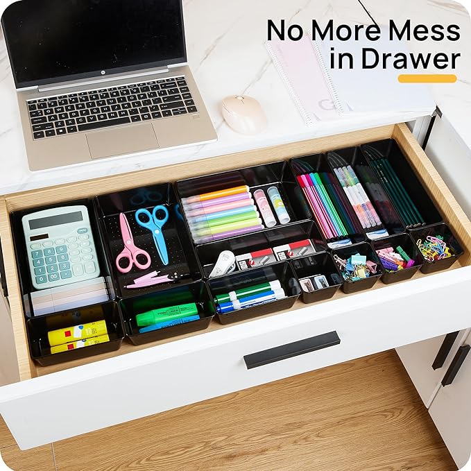 Vtopmart 44 PCS Plastic Drawer Organizers Set, 4-Size Versatile Bathroom and Vanity Organizer Trays, Non-Slip Storage Containers for Makeup, Jewelries, Bedroom，Kitchen Utensils and Office, Black