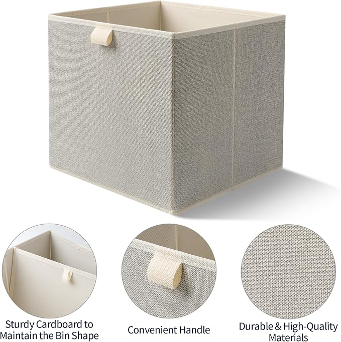 Storage Baskets, 11.8-Inch Woven Fabric Bins, Storage Cubes with Reinforced Handles, Organizer Bins for Closet Shelves, Foldable, for Toys, Clothes, Natural Beige (3PCS/Beige-11.8*11.8*11.8inch)