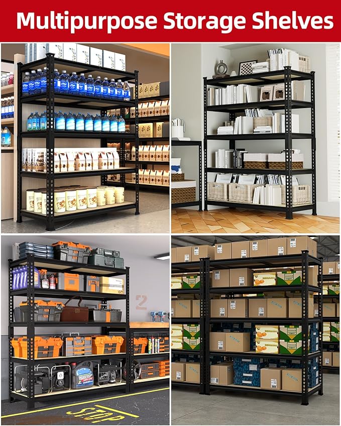 PrimeZone 36" x 16" x 72" Heavy Duty Storage Shelves - 5 Tier Adjustable Garage Storage Shelving, Metal Storage Utility Rack Shelf Unit for Warehouse Pantry Closet Kitchen, Black, 4 Pack