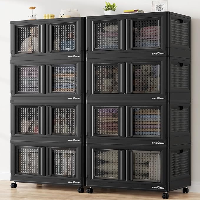BROVIEW 160Gal Stackable Storage Bins with Lids & Wheels, 640Qt Plastic Collapsible Closet Organizer and Storage Drawers, Storage Boxes Cabinets for Home, Office, 8 Pack, Black