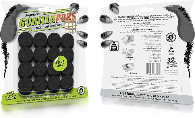 GorillaPads 1 Inch Non-Slip Furniture Pads/Gripper Feet Skids (Set of 32) Self Adhesive Rubber Floor Protectors, Round, Black, CB147-32