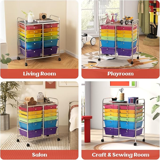 GOFLAME 12-Drawer Rolling Storage Cart, Multipurpose Organizer Cart with 2 Sizes Plastic Drawers, Mobile Utility Cart with Lockable Casters for School, Home Office, Beauty Salon, Rainbow