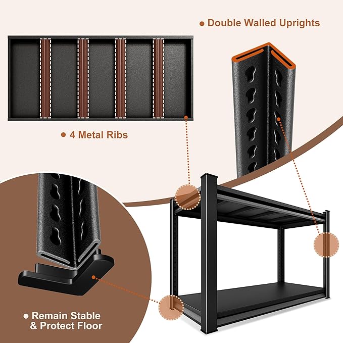 48" W 2-Tier Garage Shelving Heavy Duty, 1120LBS Loads Garage Storage Shelves, Metal Shelving Units and Storage Racks, Industrial Utility Shelf Heavy Duty,48" Wx16 Dx39 H, Black