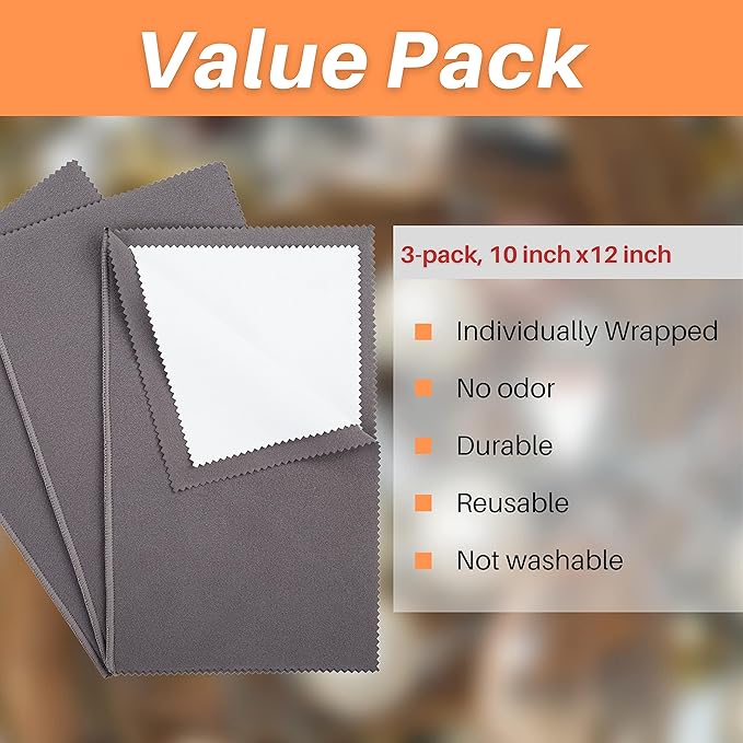 CATIFLIN 3PCS Dark Gray Silver Polishing Cloths, 10"x12" Jewelry Cleaning Cloths for Gold, Silver, Platinum, Watch, Coin, Tarnish Remover, Reusable & Streak for Jewelry Lovers
