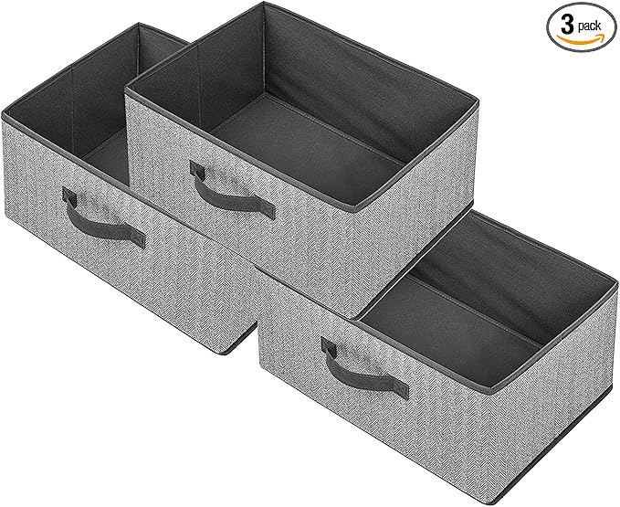 Storage Baskets, 15.7 Inch Woven Fabric Bins, Storage Cubes with Reinforced Handles, Organizer Bins for Closet Shelves, Foldable, for Toys, Clothes, Natural Beige (3PCS/Grey-15.7*11*7.8inch)
