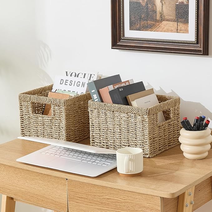 Seagrass Wicker Basket, Decorative Woven Baskets with Built-in Handles, Hand-woven Storage Organizer for Organizing Pantry, Shelves, Laundry, Livingroom, Bedroom, Toilet(2-PACK, Natural)