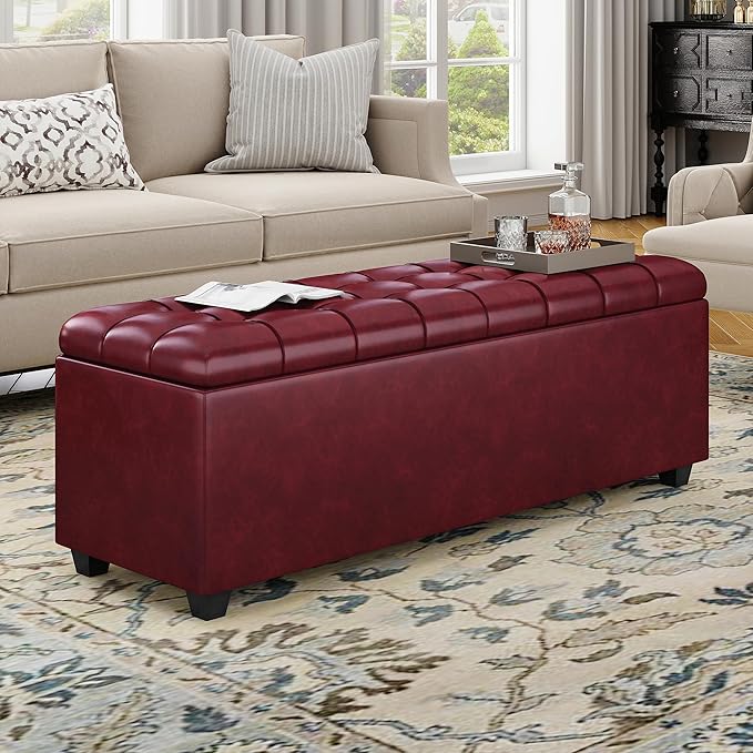 38 Inches long Wine red Ottoman Bench with Storage, footstool Furniture End of Bed storage benches,Faux leather Ottomans with Storage and Seat for Foot rest in Bedroom, Living Room, Entryway