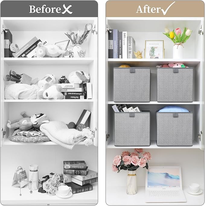 Storage Baskets, 11.8-Inch Woven Fabric Bins, Storage Cubes with Reinforced Handles, Organizer Bins for Closet Shelves, Foldable, for Toys, Clothes, Natural Beige (4PCS/Grey-11.8*11.8*11.8inch)