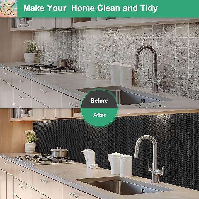 Self-Adhesive Shelf Liner Kitchen Liner, Waterproof Backed Paper Easy Peel and Stick Contact Liner Without Residue for Decor Your Desk Surface, Kitchen Countertops (Black, 11.8 x 236.2 inches)