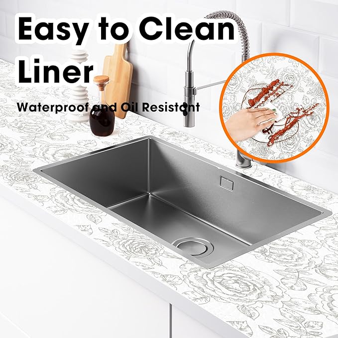 Drawer and Shelf Liner for Kitchen Cabinets Non-Adhesive, Non-Slip Cabinet Liner Shelf Paper Strong Grip Waterproof Easy to Clean for Kitchen Shelves Cupboard, Flower,23.6IN X 30FT