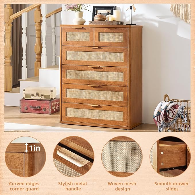 LEYAOYAO Rattan Dresser for Bedroom Set of 2, 42" Tall Chest of Drawers, Modern 6 Drawers Boho Dressers with Storage, Vintage Brown Dresser Wooden Closet Organizer for Living Room, Hallway