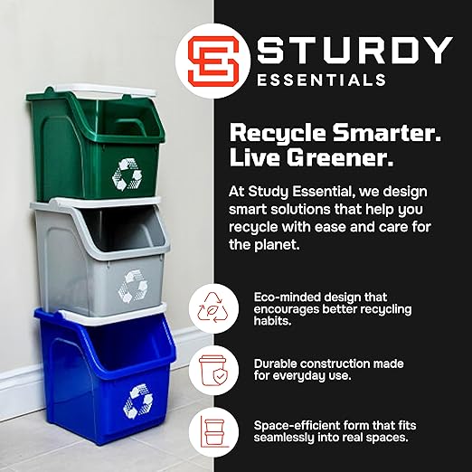 6 Gallon Stackable Recycling Bins for Homes, Garages, Offices Made of 100% Recycled Plastic - (Red, 3 Pack)