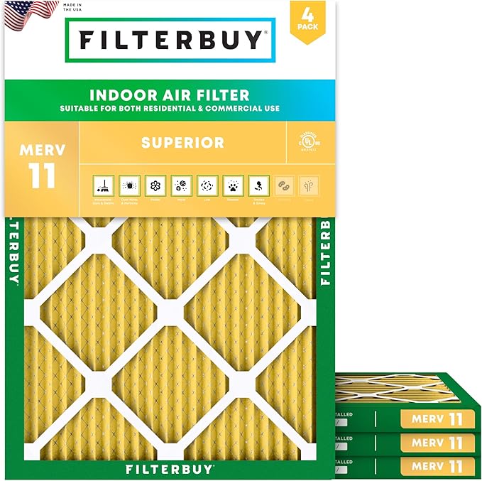 Filterbuy 13x20x1 Air Filter MERV 11 (MPR 1200) Allergen Defense Replacement (4-Pack), Electrostatic Pleated HVAC AC Furnace Filters, Made in USA (Actual Size: 12.88 x 19.88 x 0.75)
