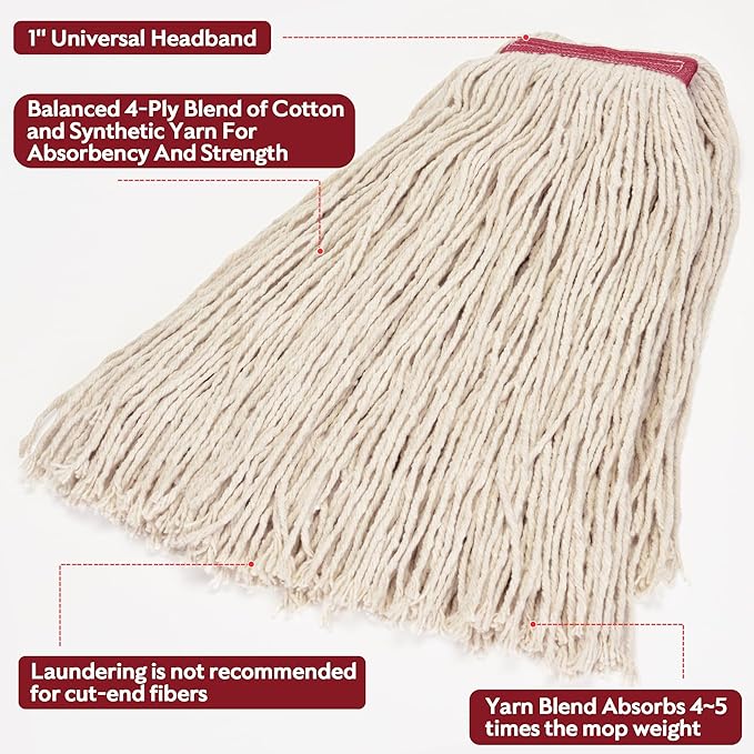 Matthew Cleaning 16oz 6Pack Cotton Floor Mop,Cotton Looped-Open String Heavy Duty String Refills, Universal Headband Blend ,Mop Head Replacement for Home, Industrial and Commercial Use(White)