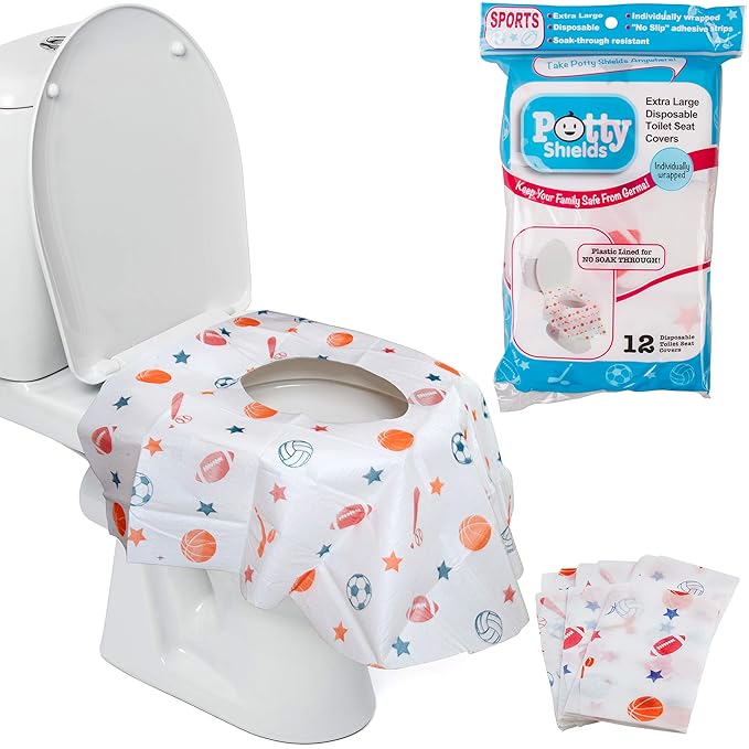 Toilet Seat Covers Disposable (12 Pack, Sports) - XL Waterproof Toilet Cover for Toddlers, Kids & Adults - Portable & Individually Wrapped for Travel, Potty Training & Public Restrooms