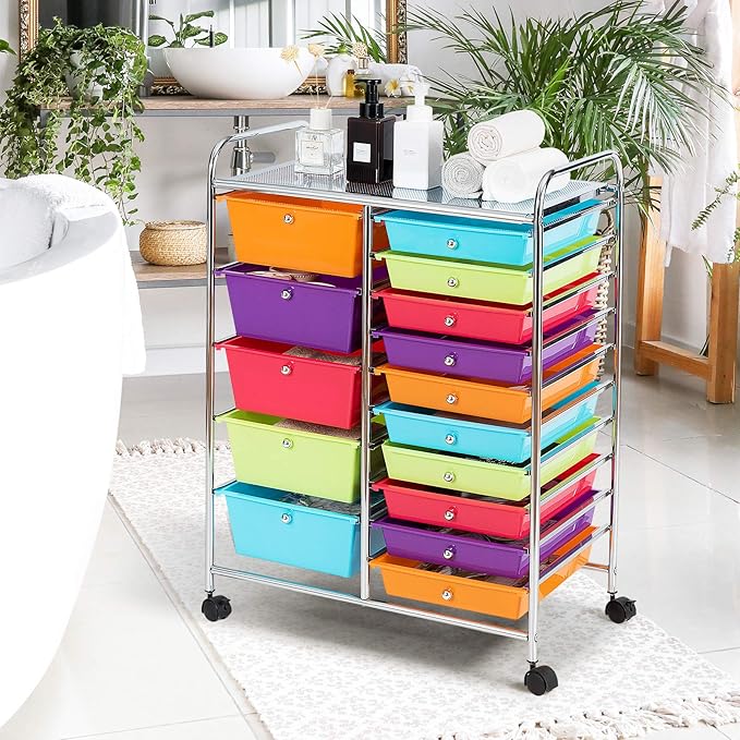 GOFLAME 15-Drawer Rolling Storage Cart, Multipurpose Movable Organizer, Utility Cart for Home, Office, School, Multicolored