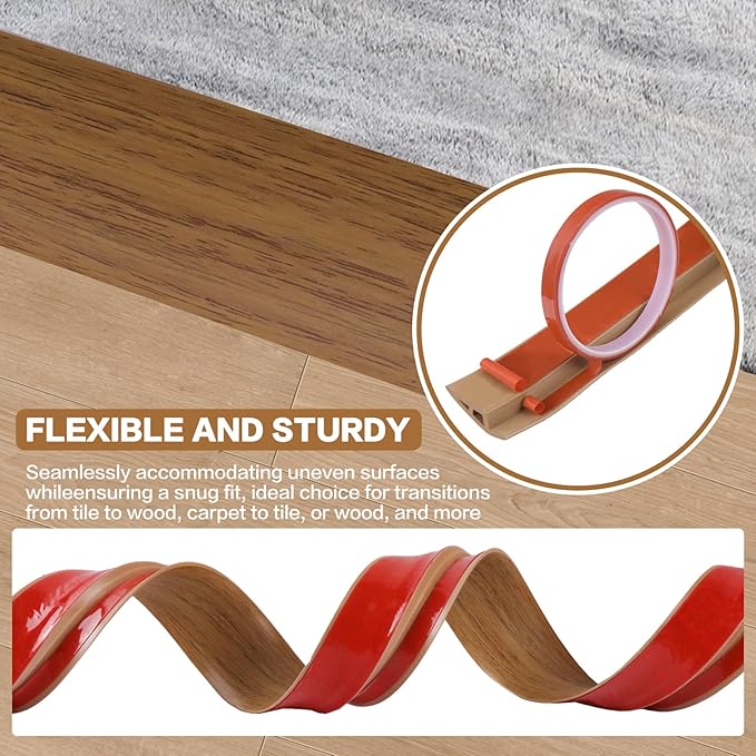 Floor Transition Strip Vinyl Door Threshold Ramp Self Adhesive Carpet Edging Strip Doorway Edge Trim, Overlap Edge Reducer for Laminate Carpet, Floor, Tile (Orange Oak, 2/5" to 3/5", 6.6Ft)